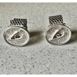 Vintage Swank Silver-Tone Oval Wishbone Cufflinks Rhinestone Accent